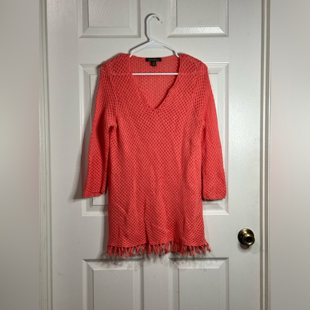 Tommy Bahama Loose Knit Woven Long Sweater Tunic Coral Size L
